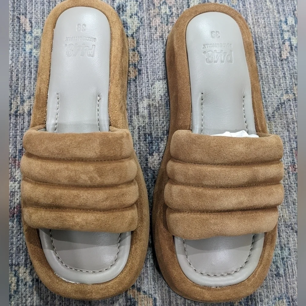 NWT P448 | Women's Fergie Platform Slide Sandals in Cognac Suede